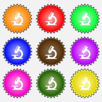 microscope icon sign. A set of nine different colored labels. illustration 