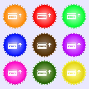 audio cassette icon sign. A set of nine different colored labels. illustration