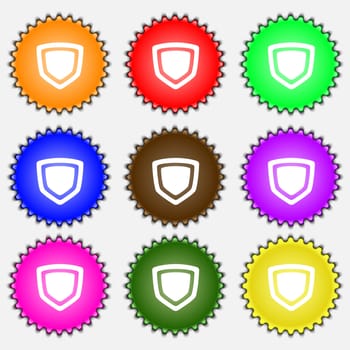 shield icon sign. A set of nine different colored labels. illustration