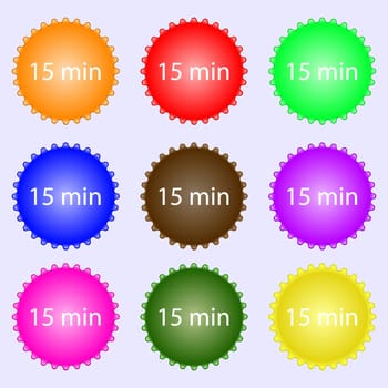 15 minutes sign icon. A set of nine different colored labels. illustration