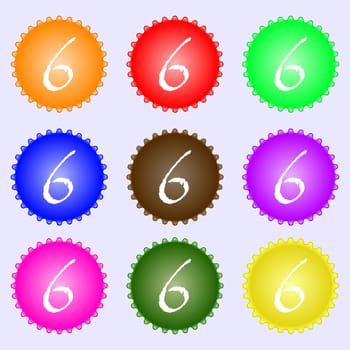 number six icon sign. A set of nine different colored labels. illustration