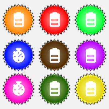 Battery half level, Low electricity icon sign. A set of nine different colored labels. illustration