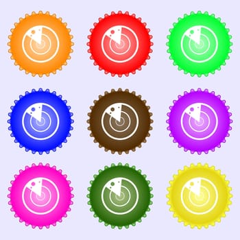 radar icon sign. A set of nine different colored labels. illustration