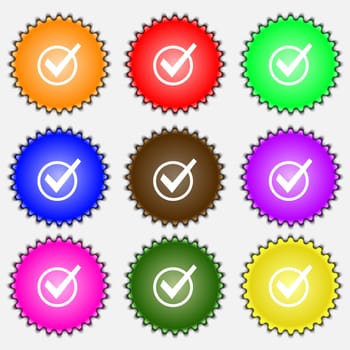 Check mark, tik icon sign. A set of nine different colored labels. illustration 