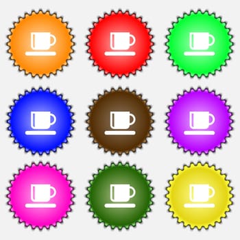 Coffee cup icon sign. A set of nine different colored labels. illustration 