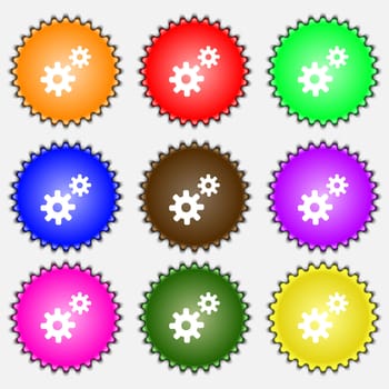 Cog settings, Cogwheel gear mechanism icon sign. A set of nine different colored labels. illustration 