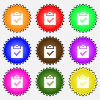 Check mark, tik icon sign. A set of nine different colored labels. illustration 