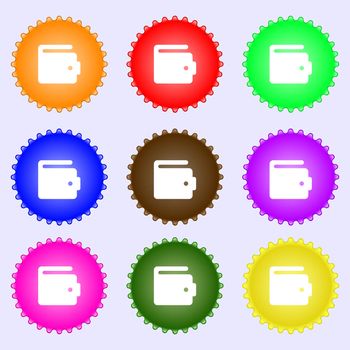 purse icon sign. A set of nine different colored labels. illustration