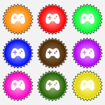 Joystick icon sign. A set of nine different colored labels. illustration