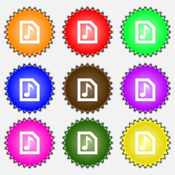 Audio, MP3 file icon sign. A set of nine different colored labels. illustration 