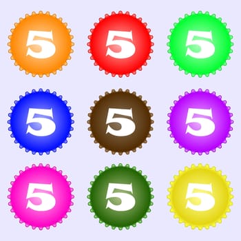 number five icon sign. A set of nine different colored labels. illustration