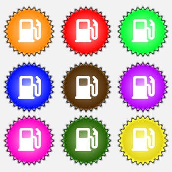 Petrol or Gas station, Car fuel icon sign. A set of nine different colored labels. illustration