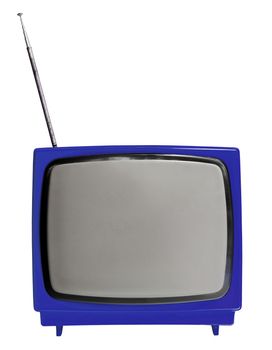 Blue light vintage analog television isolated over white background, clipping path.