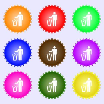 throw away the trash icon sign. A set of nine different colored labels. illustration