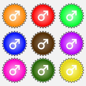 Male sex icon sign. A set of nine different colored labels. illustration 