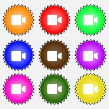 Video camera icon sign. A set of nine different colored labels. illustration 