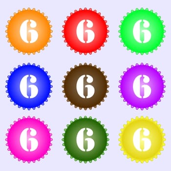 number six icon sign. A set of nine different colored labels. illustration