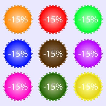 15 percent discount sign icon. Sale symbol. Special offer label. A set of nine different colored labels. illustration