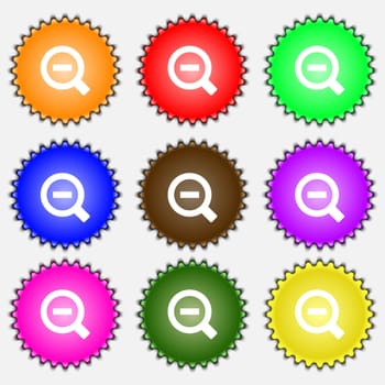 Magnifier glass, Zoom tool icon sign. A set of nine different colored labels. illustration 