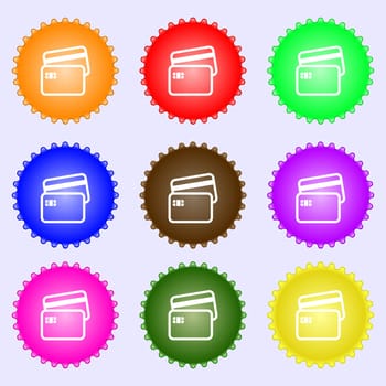 Credit card icon sign. A set of nine different colored labels. illustration