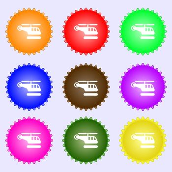 helicopter icon sign. A set of nine different colored labels. illustration