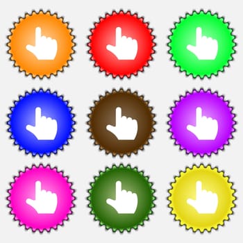 pointing hand icon sign. A set of nine different colored labels. illustration