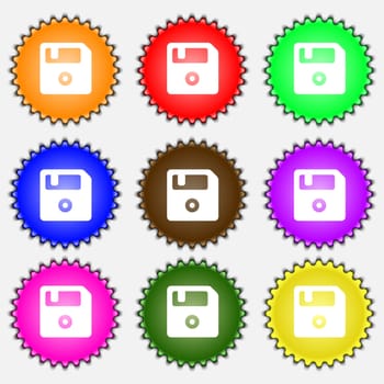 floppy icon sign. A set of nine different colored labels. illustration