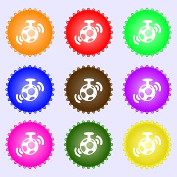 mirror ball disco icon sign. A set of nine different colored labels. illustration