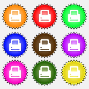 Printing icon sign. A set of nine different colored labels. illustration