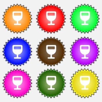 Wine glass, Alcohol drink icon sign. A set of nine different colored labels. illustration