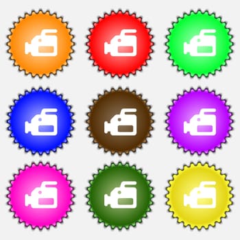 video camera icon sign. A set of nine different colored labels. illustration