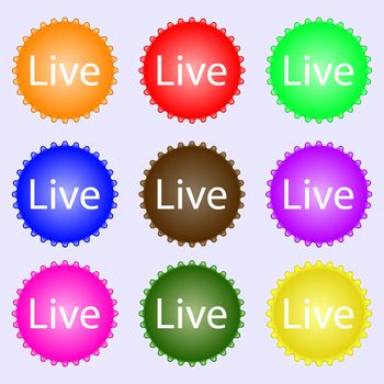 Live sign icon. A set of nine different colored labels. illustration