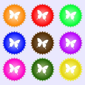 butterfly icon sign. A set of nine different colored labels. illustration