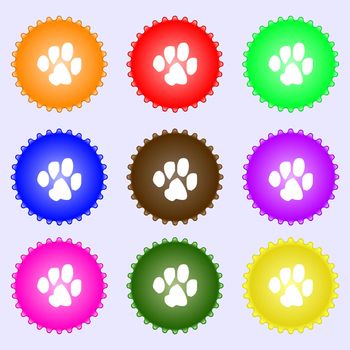 trace dogs icon sign. A set of nine different colored labels. illustration