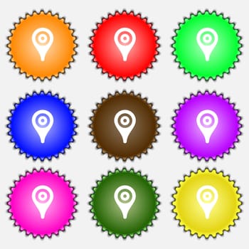 Map pointer, GPS location icon sign. A set of nine different colored labels. illustration