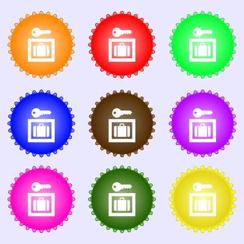 Luggage Storage icon sign. A set of nine different colored labels. illustration
