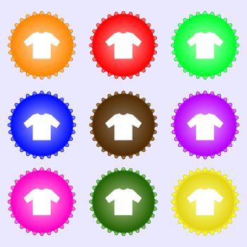 t-shirt icon sign. A set of nine different colored labels. illustration