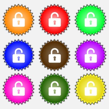Open Padlock icon sign. A set of nine different colored labels. illustration