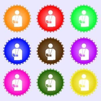 broken arm, disability icon sign. A set of nine different colored labels. illustration