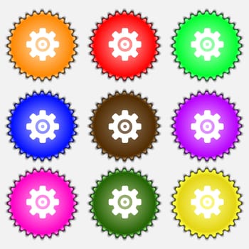 Cog settings, Cogwheel gear mechanism icon sign. A set of nine different colored labels. illustration