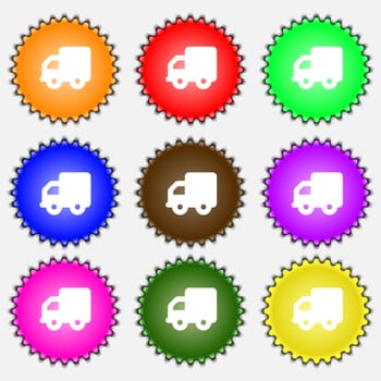 Delivery truck icon sign. A set of nine different colored labels. illustration