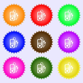 MP3 player, headphones, music icon sign. A set of nine different colored labels. illustration