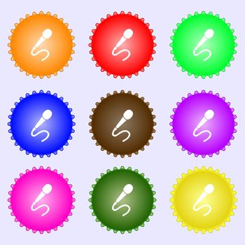 microphone icon sign. A set of nine different colored labels. illustration