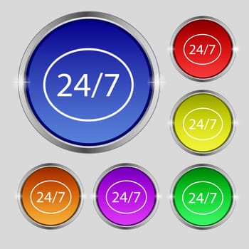 Service and support for customers. 24 hours a day and 7 days a week icon. Set of colored buttons. illustration