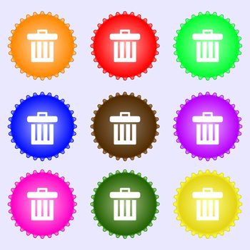 Recycle bin icon sign. A set of nine different colored labels. illustration