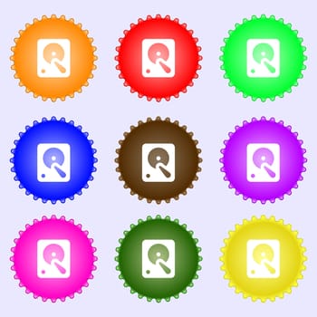 hard disk icon sign. A set of nine different colored labels. illustration