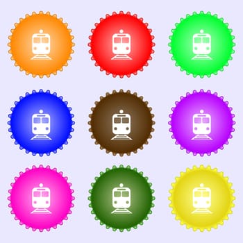 train icon sign. A set of nine different colored labels. illustration