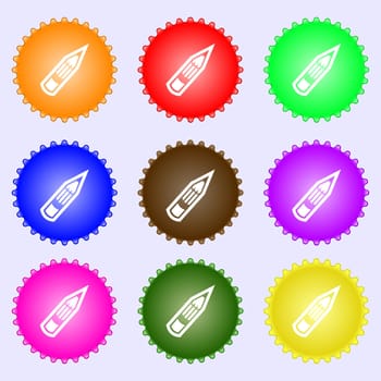 Pencil icon sign. A set of nine different colored labels. illustration