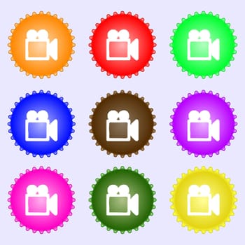 camcorder icon sign. A set of nine different colored labels. illustration