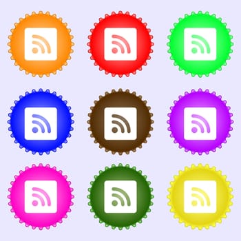 RSS feed icon sign. A set of nine different colored labels. illustration